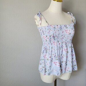 Floral Smocked Babydoll Camisole Top Light Blue Straps Cottagecore Summer Tank S